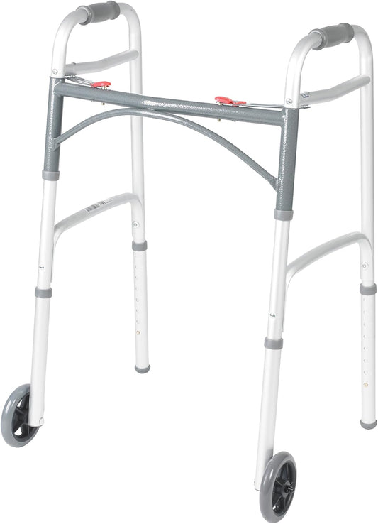 10210-1 2-Button Folding Walker with Wheels, Rolling Walker, Front Wheel Walker, Lightweight Walkers for Seniors and Adults Weighing up to 350 Pounds, Adjustable Height, Silver