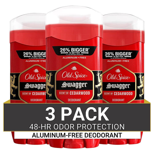 Aluminum Free Deodorant for Men, 24/7 Odor Protection, 24/7 Lasting Freshness, Red Collection, Swagger with Cedarwood Scent, 3.8 Oz (Pack of 3)